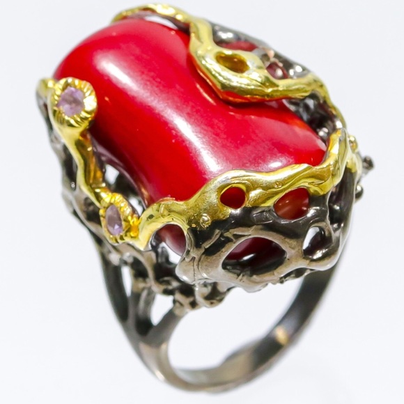 Unique Natural Red Coral Ring with Amethyst